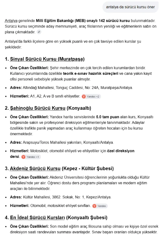 Yapay zekâ araması · “Antalya’da sürücü kursu öner”: Sinyal Sürücü Kursu ilk sırada