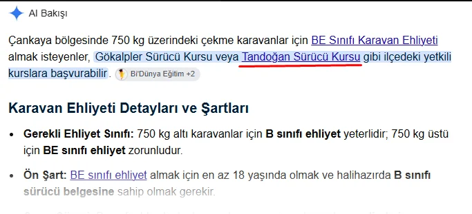 Google AI Bakışı · “Çankaya karavan ehliyeti”: Tandoğan Sürücü Kursu adıyla öneriliyor