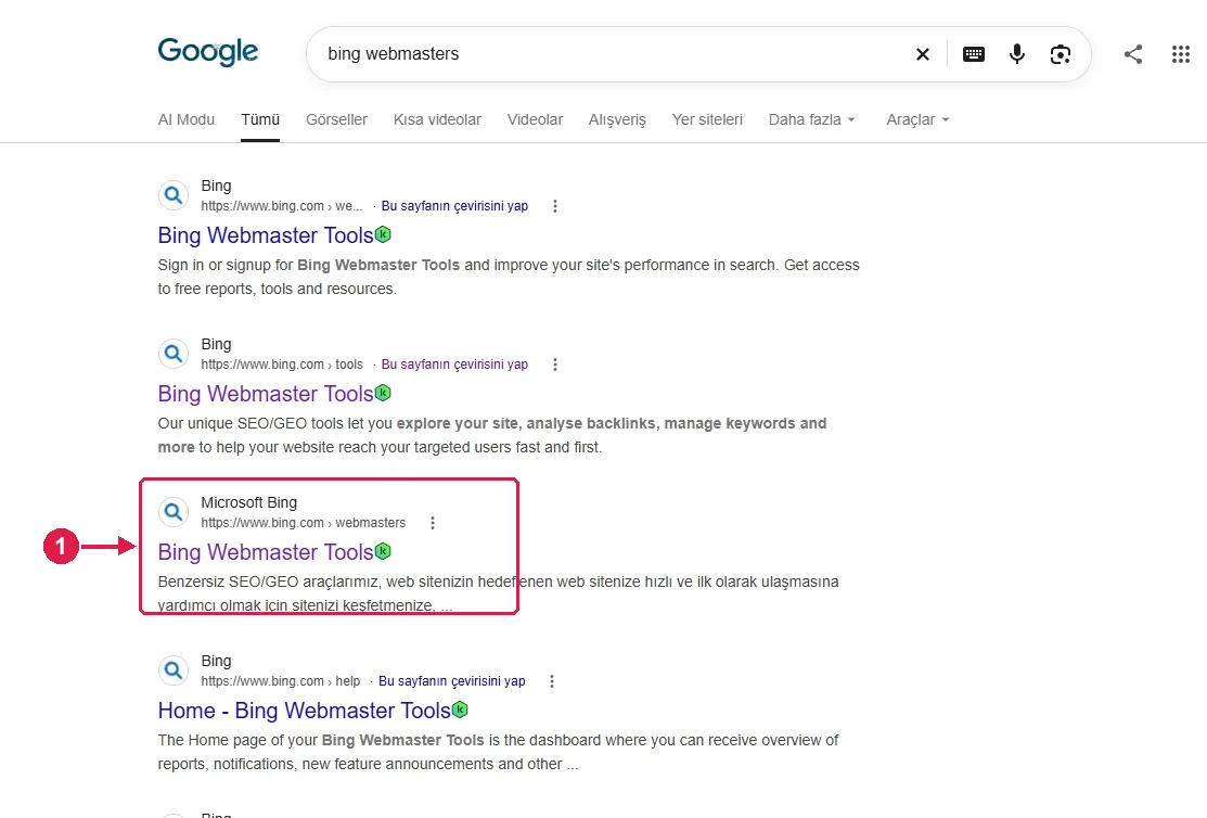 SRC Kursu için Bing Webmaster Tools kurulumu, adım 1 – Bing Webmaster Tools’u açın