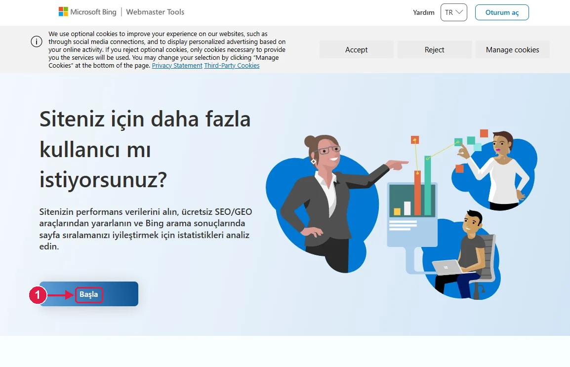 SRC Kursu için Bing Webmaster Tools kurulumu, adım 2 – Başlayın