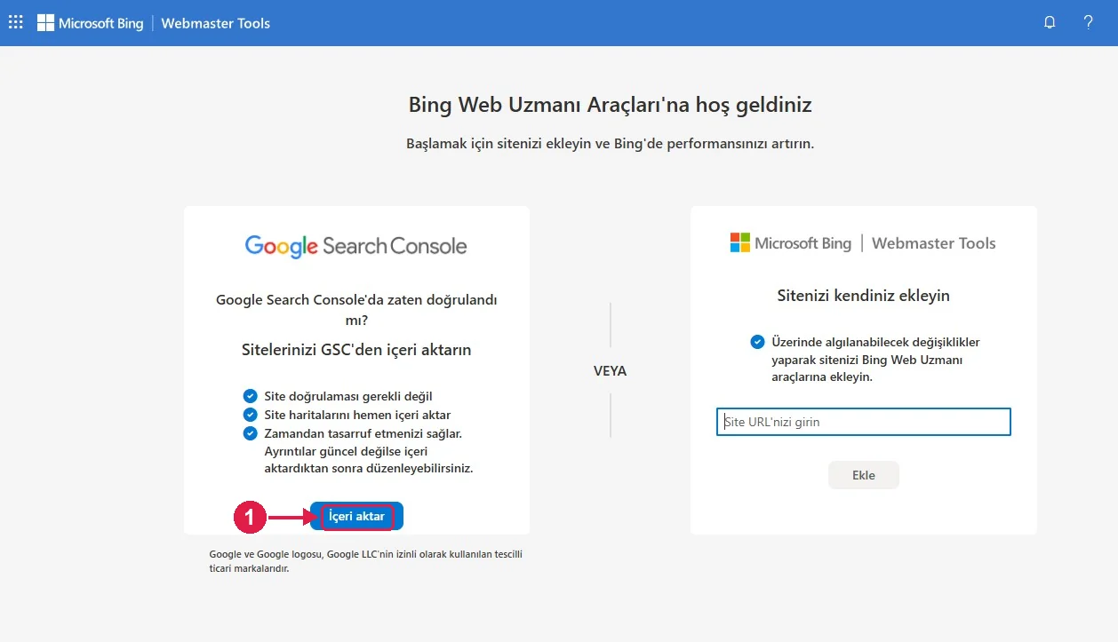 SRC Kursu için Bing Webmaster Tools kurulumu, adım 6 – Search Console’dan içeri aktarın