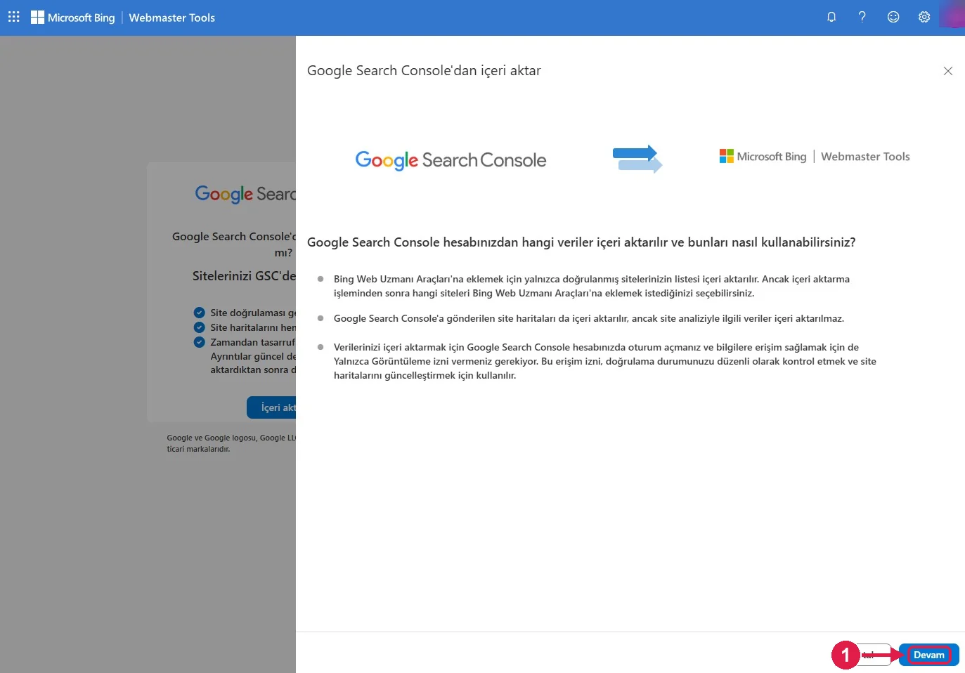 SRC Kursu için Bing Webmaster Tools kurulumu, adım 7 – Aktarım bilgisini onaylayın