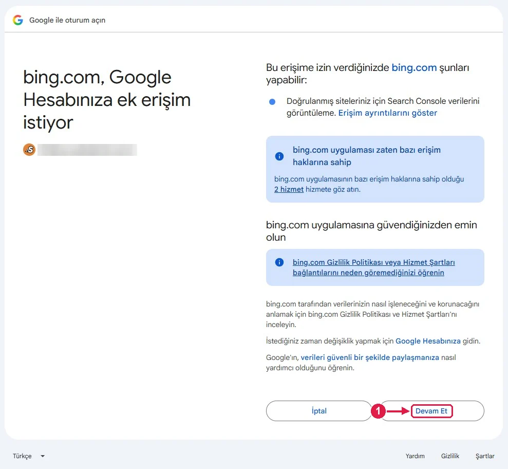 SRC Kursu için Bing Webmaster Tools kurulumu, adım 9 – Search Console erişimine izin verin