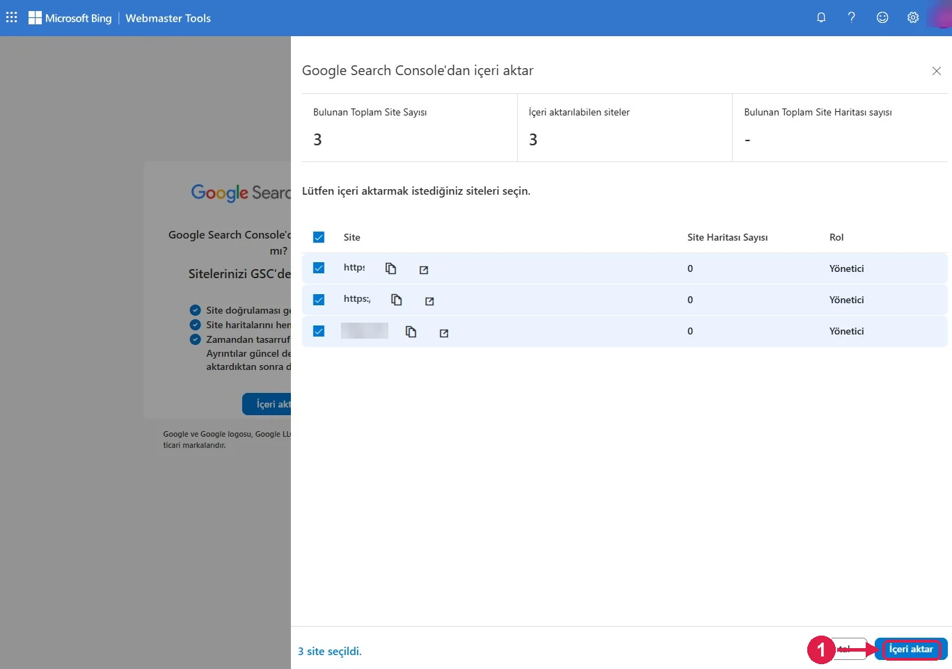 SRC Kursu için Bing Webmaster Tools kurulumu, adım 10 – Siteleri seçin