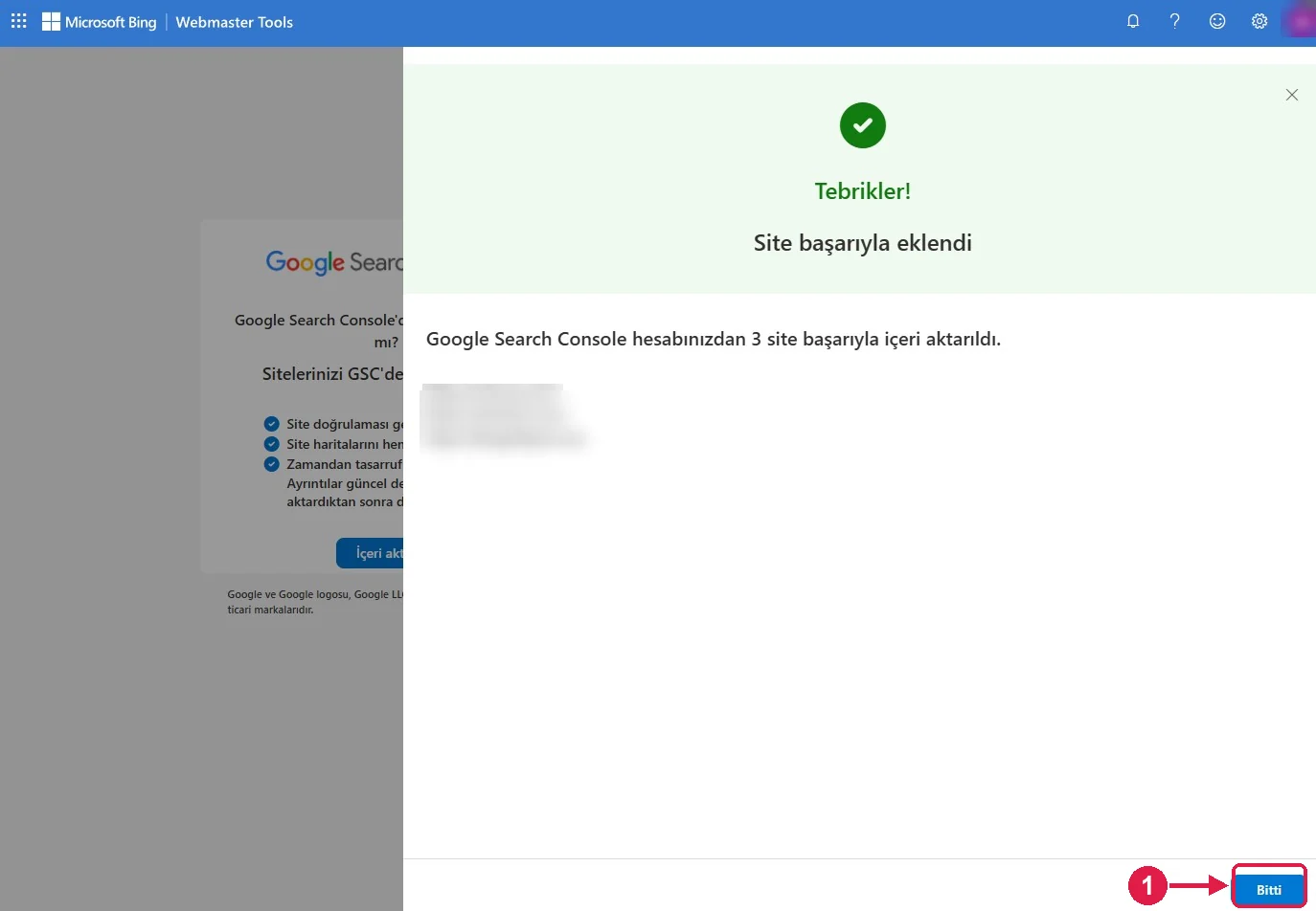 SRC Kursu için Bing Webmaster Tools kurulumu, adım 11 – Aktarım tamam