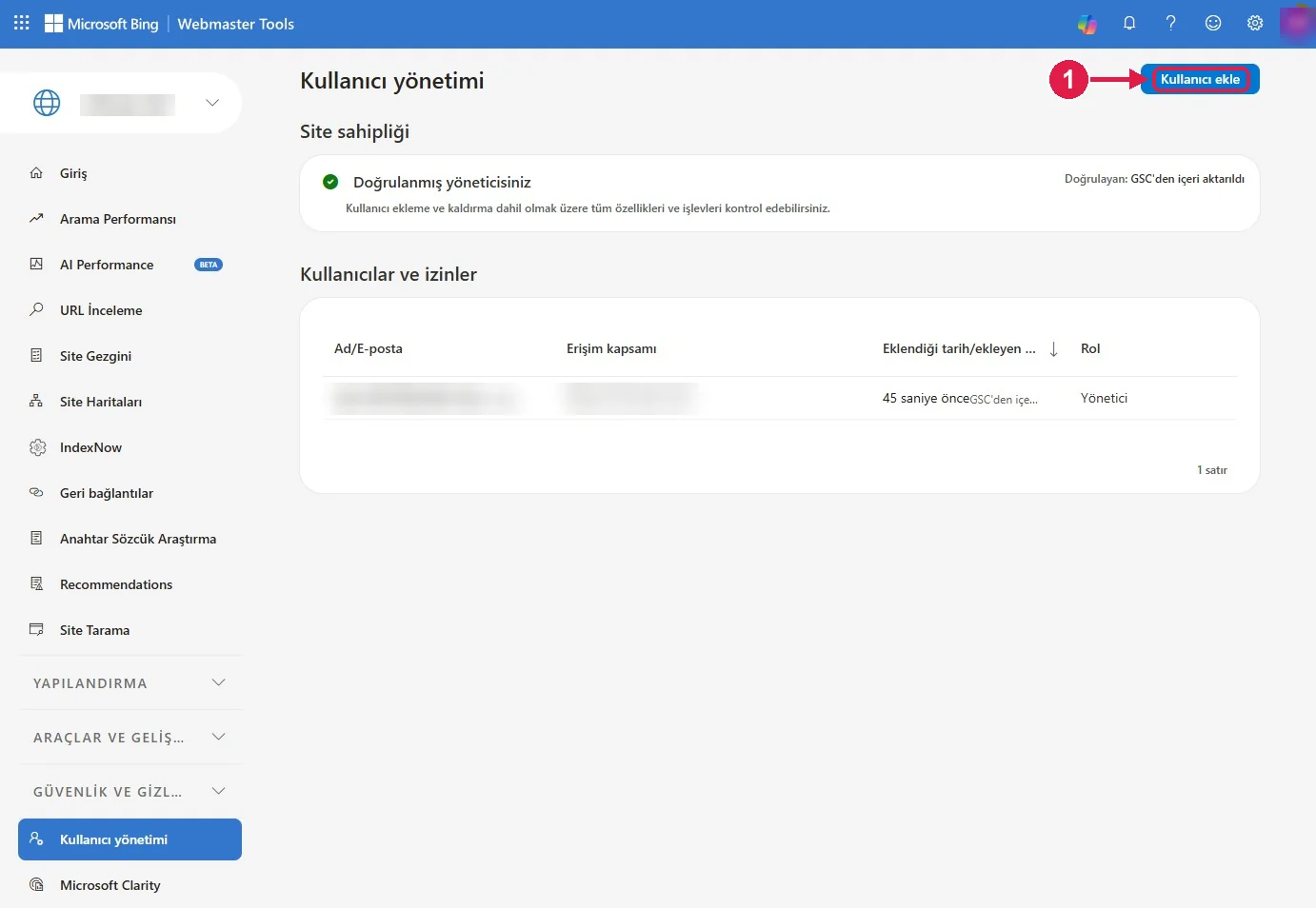 SRC Kursu için Bing Webmaster Tools kurulumu, adım 13 – Kullanıcı ekle
