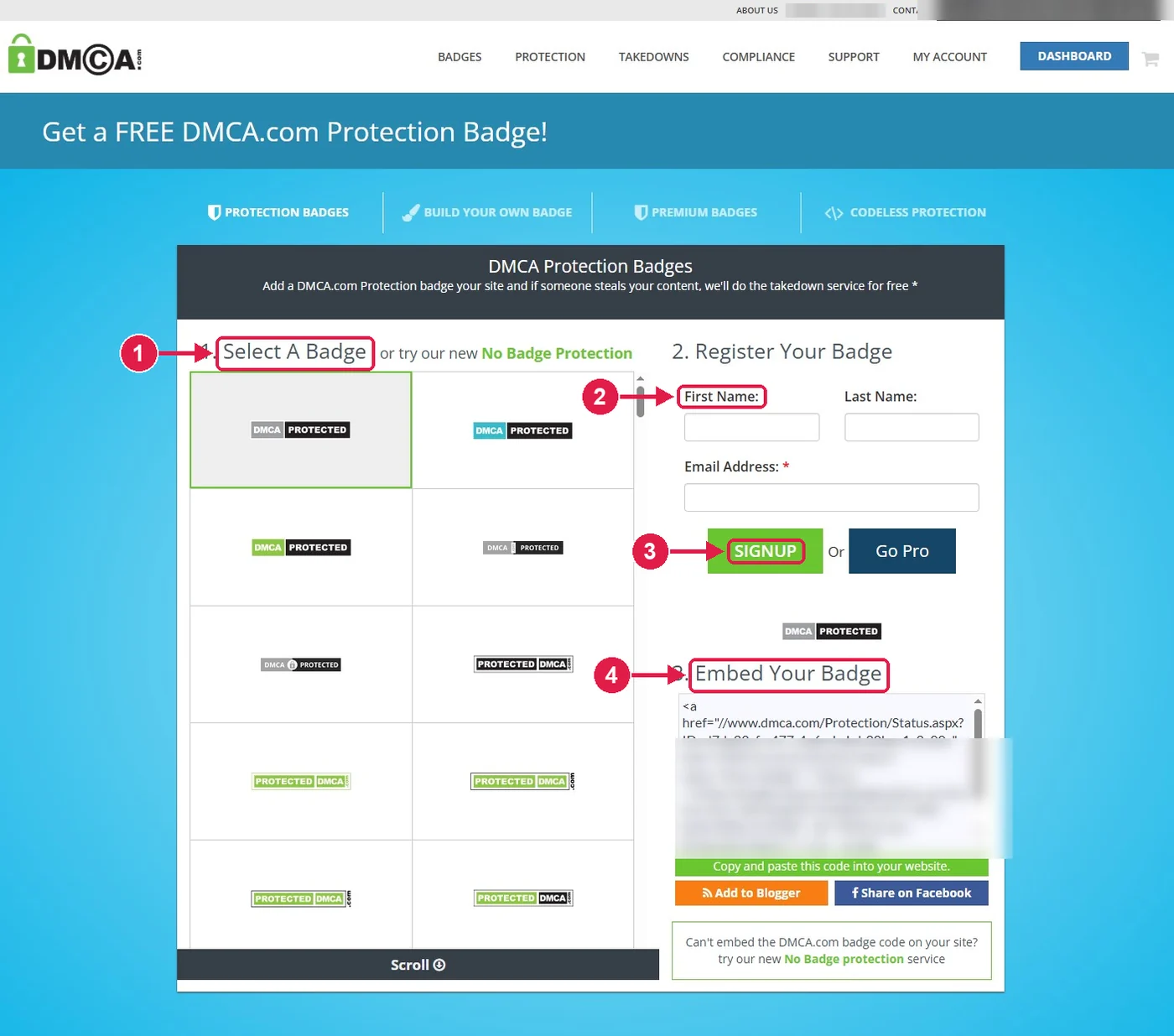 SRC Kursu için DMCA kurulumu, adım 10 – Rozeti seçin ve kodu alın