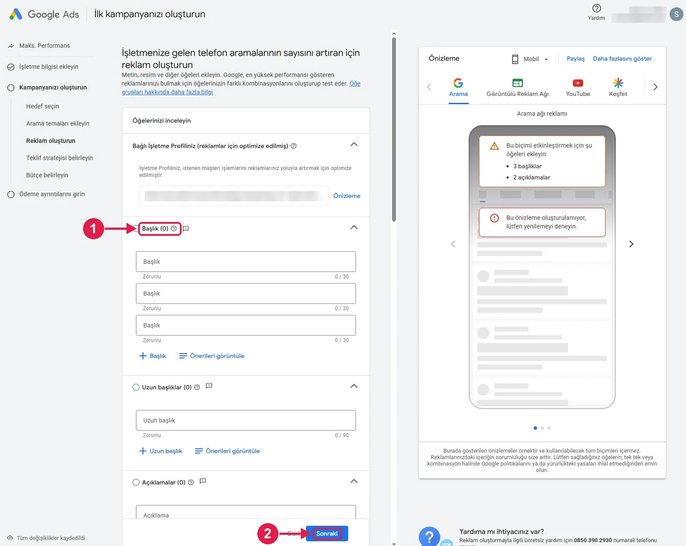 SRC Kursu için Google Ads kurulumu, adım 7 – Reklam başlıkları