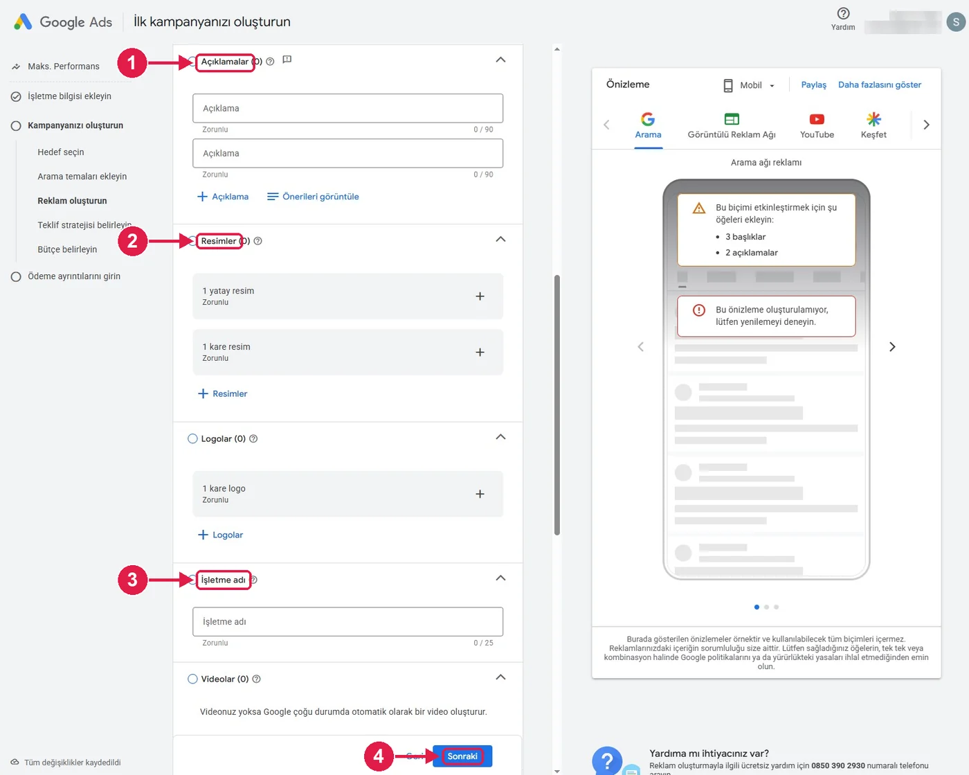 SRC Kursu için Google Ads kurulumu, adım 8 – Açıklamalar, görseller ve işletme adı