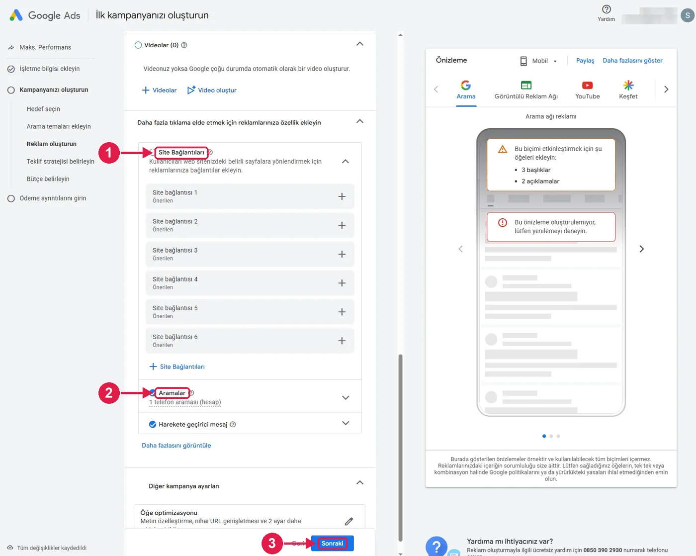 SRC Kursu için Google Ads kurulumu, adım 9 – Site bağlantıları ve arama