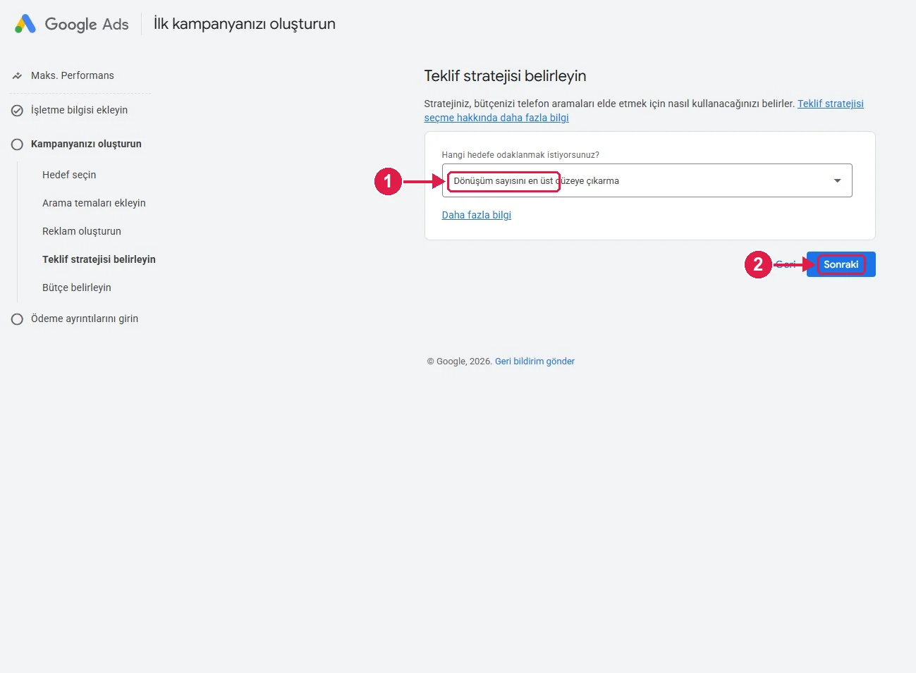 SRC Kursu için Google Ads kurulumu, adım 11 – Teklif stratejisi