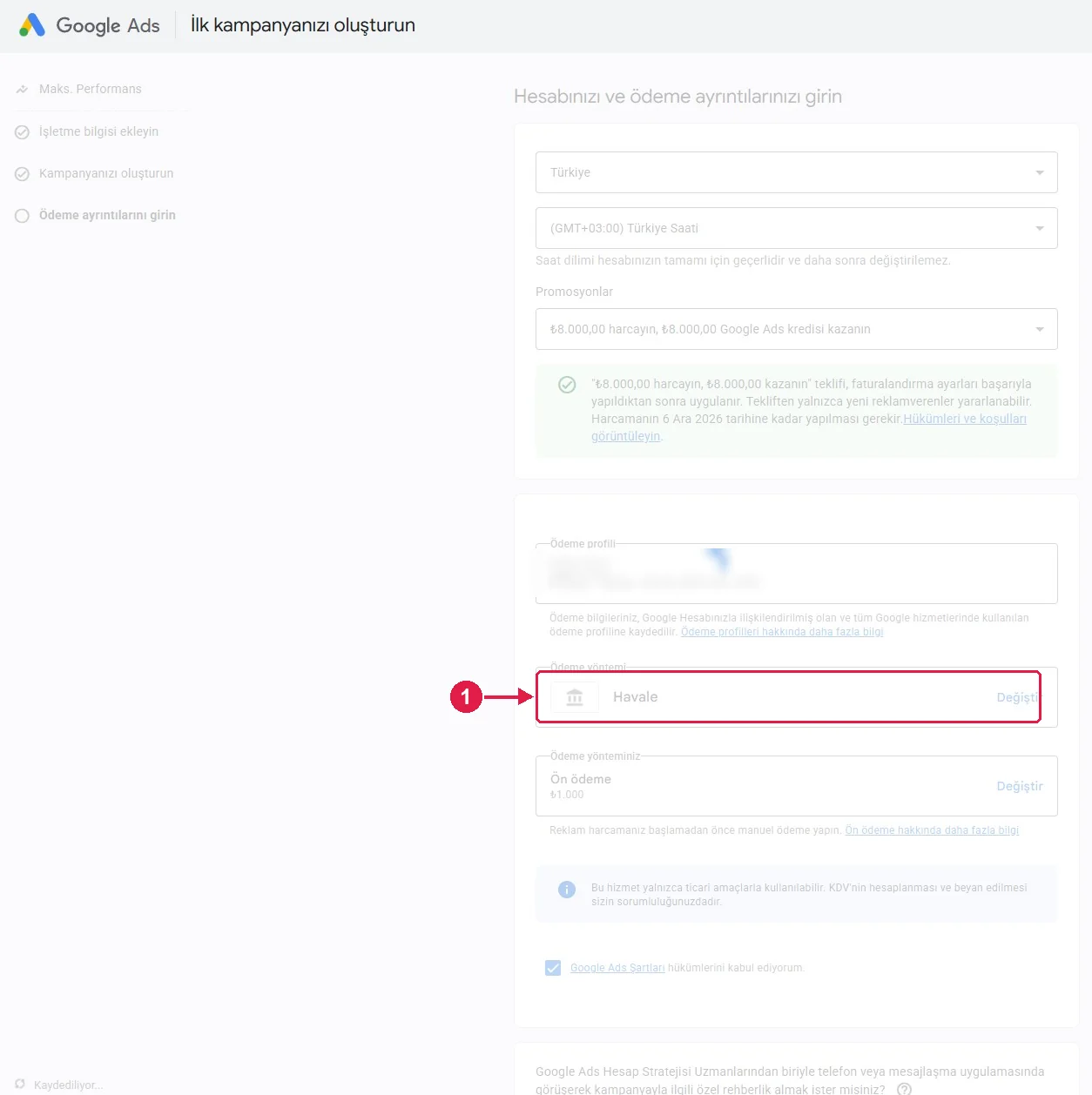 SRC Kursu için Google Ads kurulumu, adım 12 – Ödeme bilgileri