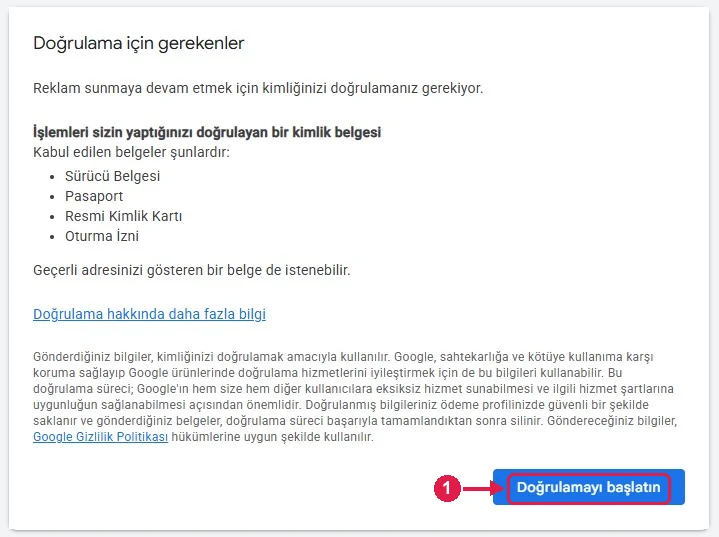 SRC Kursu için Google Ads kurulumu, adım 17 – Doğrulama için gerekenler