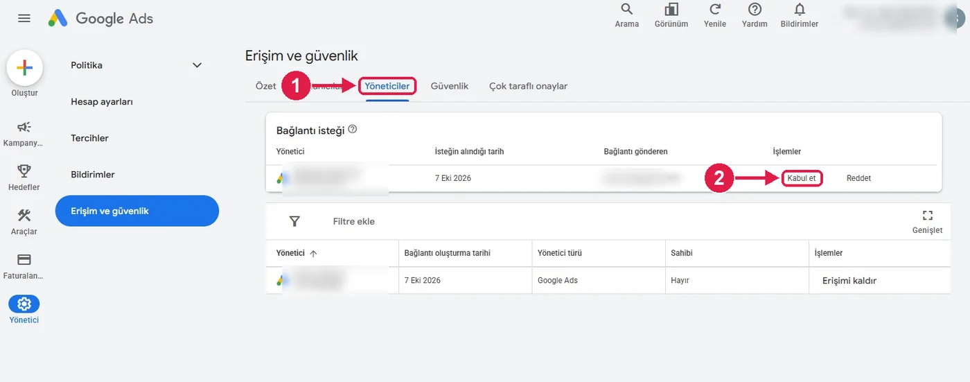 SRC Kursu için Google Ads kurulumu, adım 19 – Ajansın bağlantı isteğini kabul edin