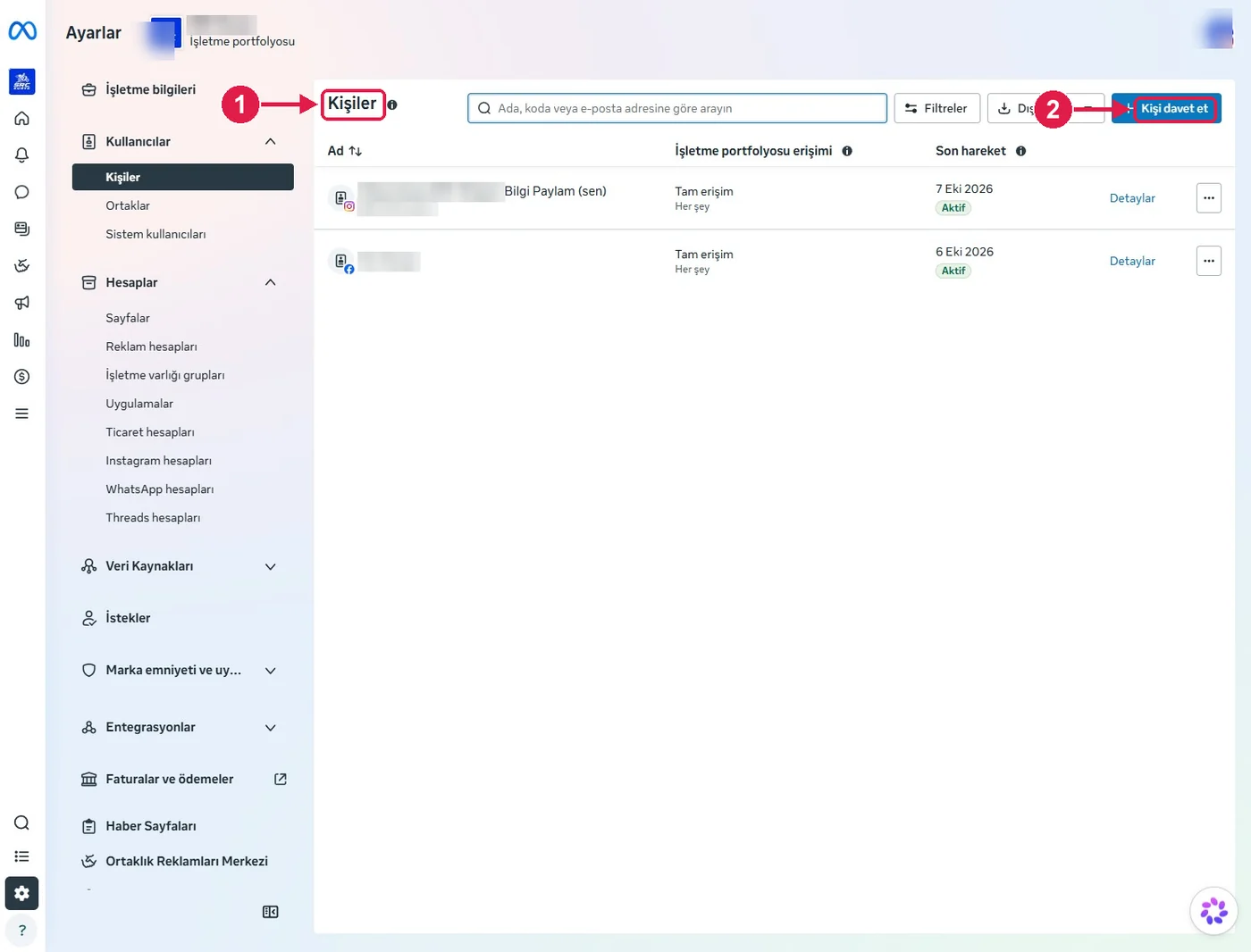 Sürücü Kursu için Meta Business Kişi Daveti kurulumu, adım 3 – Kişiler ekranı