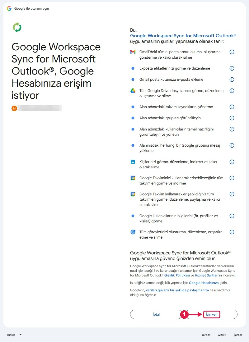 SRC Kursu için Google Workspace Sync kurulumu, adım 6 – İzin verin