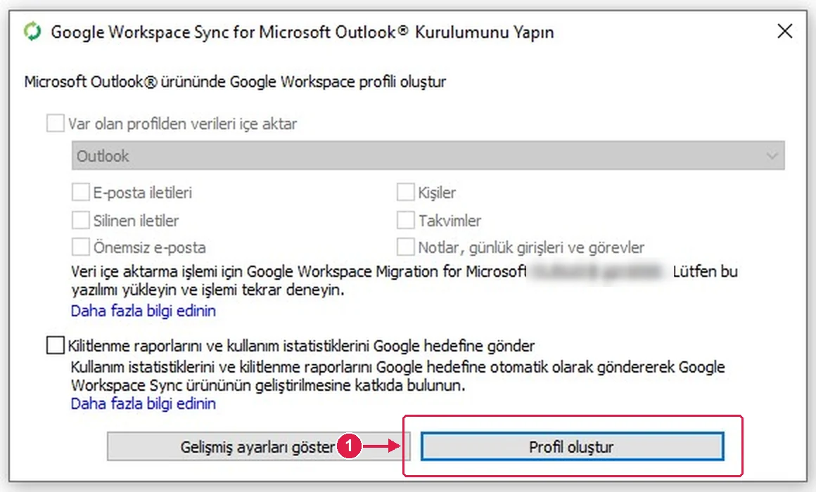 SRC Kursu için Google Workspace Sync kurulumu, adım 8 – Outlook profilini oluşturun
