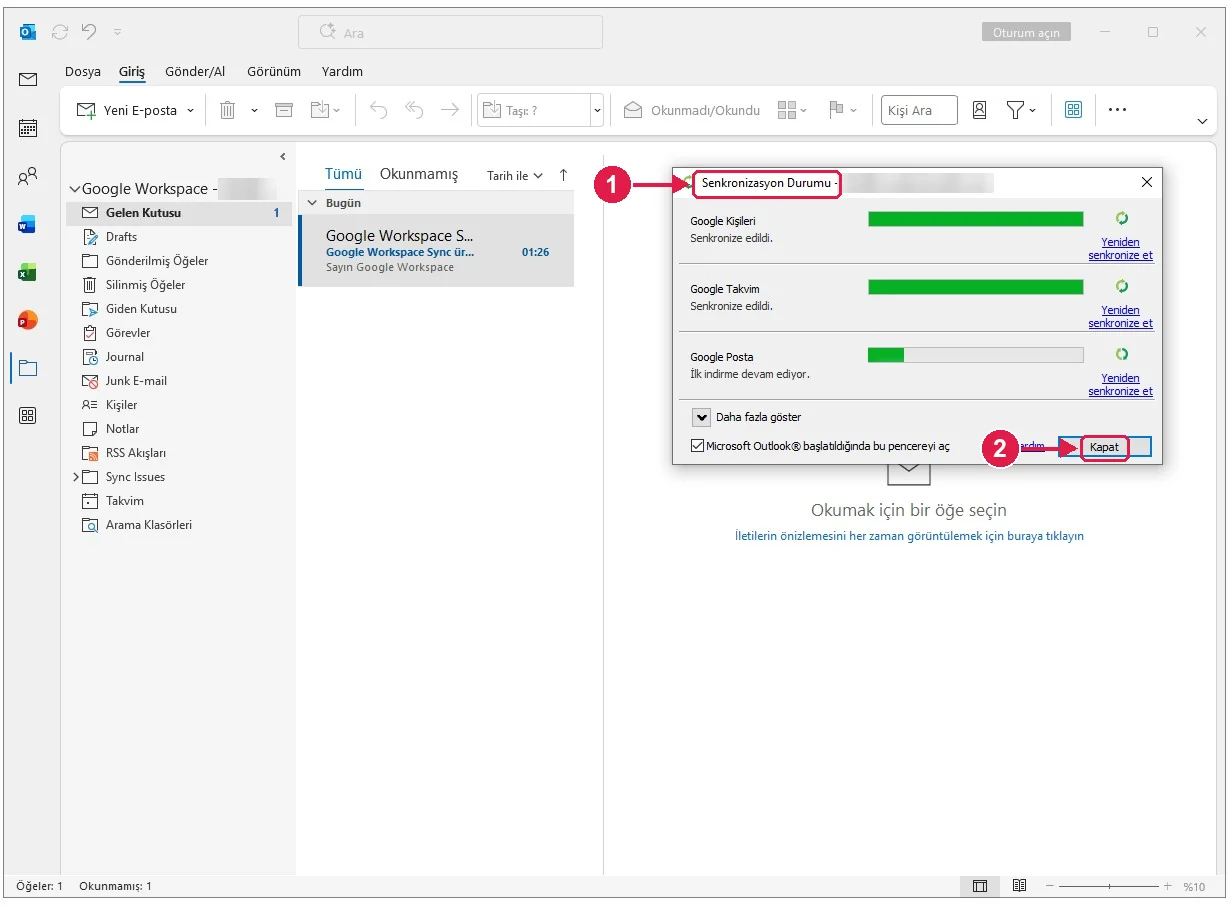 SRC Kursu için Google Workspace Sync kurulumu, adım 11 – İlk eşitlemeyi bekleyin