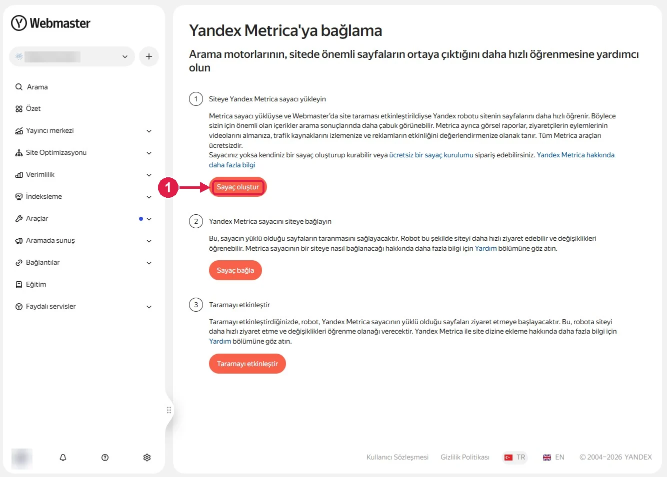 SRC Kursu için Yandex Metrica kurulumu, adım 2 – Sayaç oluşturun