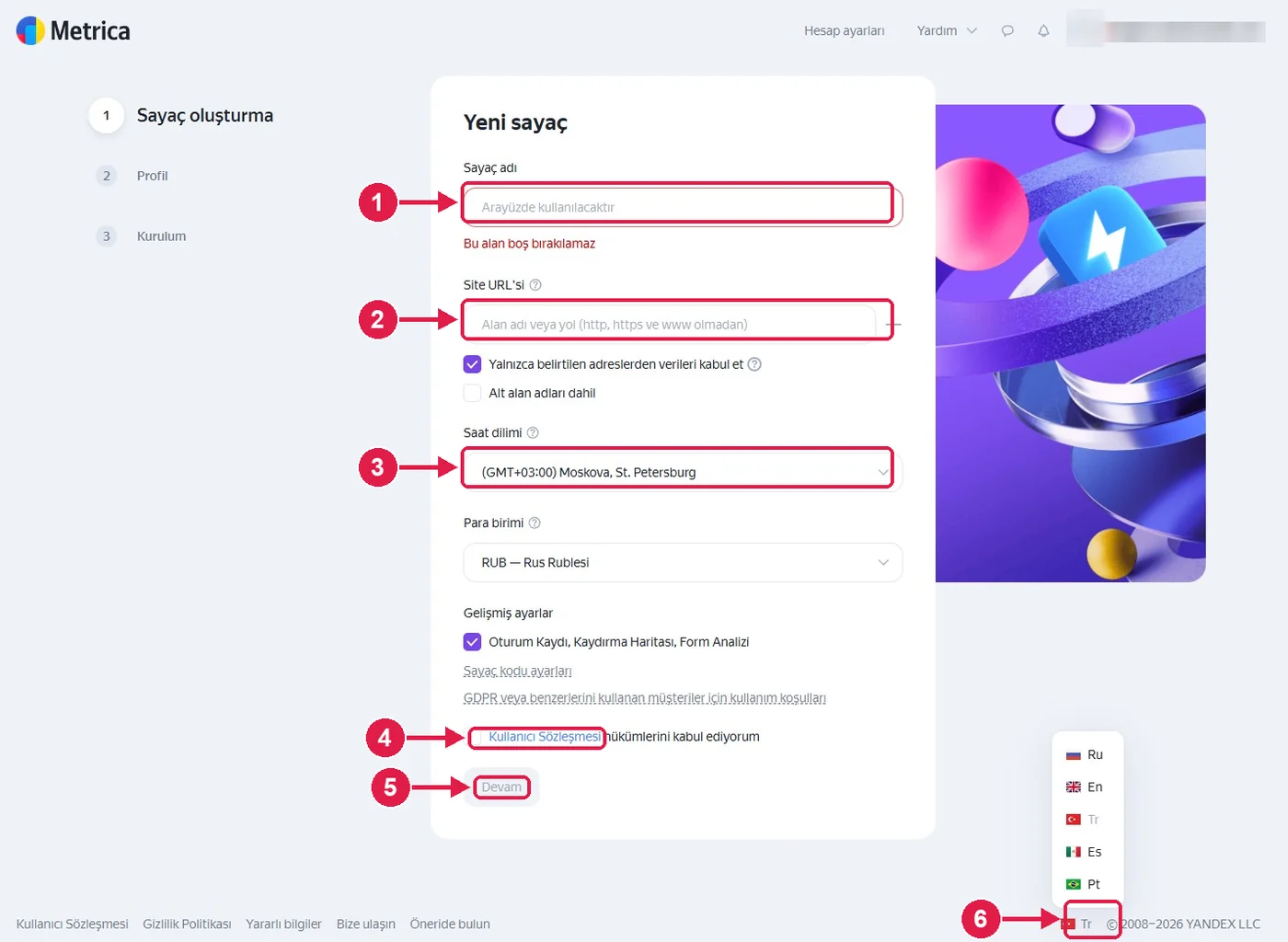 SRC Kursu için Yandex Metrica kurulumu, adım 4 – Sayaç bilgilerini doldurun