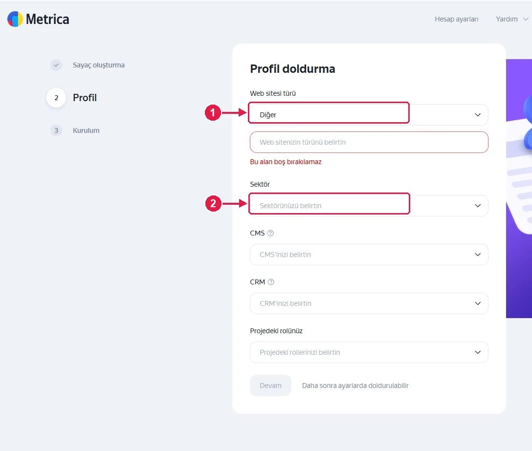 SRC Kursu için Yandex Metrica kurulumu, adım 5 – Profil bilgileri