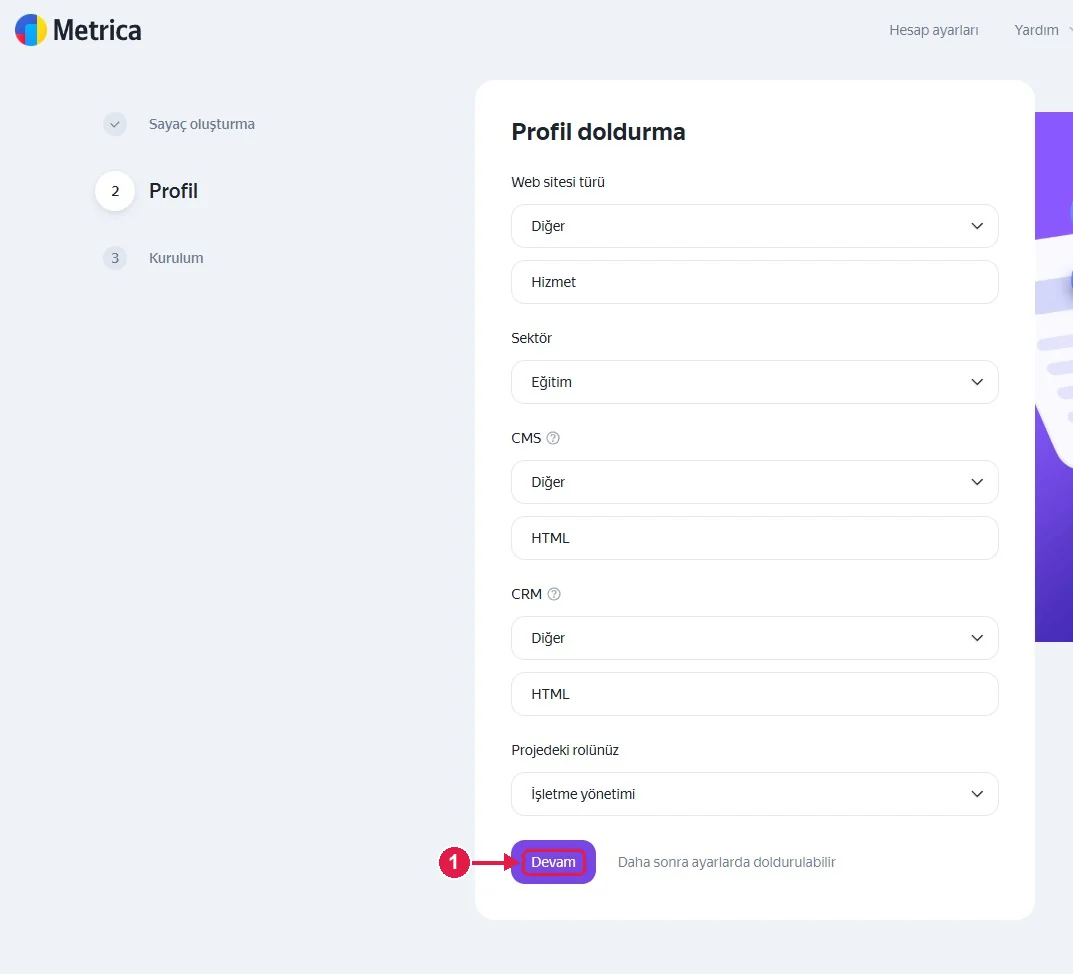 SRC Kursu için Yandex Metrica kurulumu, adım 6 – Devam edin