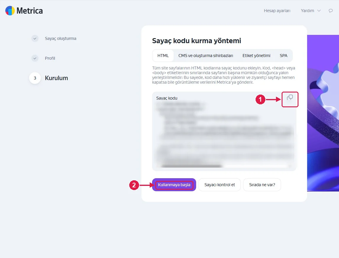 SRC Kursu için Yandex Metrica kurulumu, adım 7 – Sayaç kodunu alın
