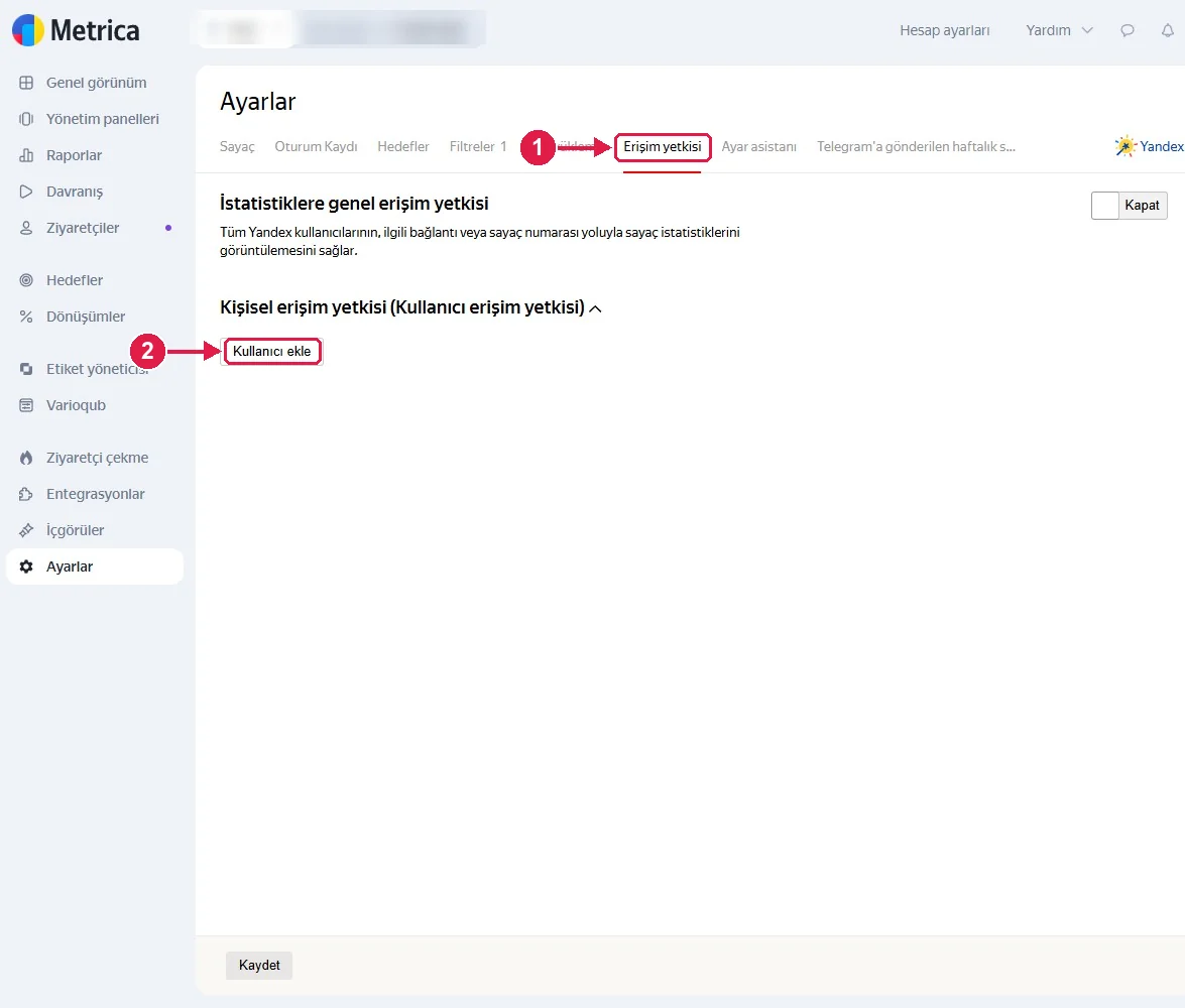 SRC Kursu için Yandex Metrica kurulumu, adım 8 – Erişim yetkisi sekmesi