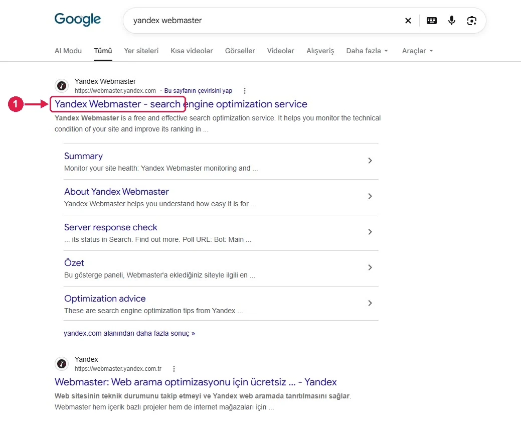 SRC Kursu için Yandex Webmaster kurulumu, adım 1 – Yandex Webmaster’ı açın