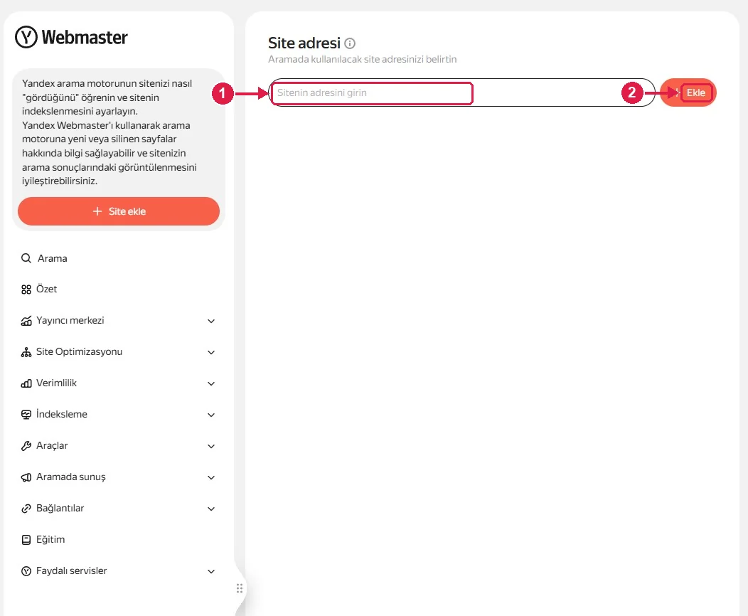 SRC Kursu için Yandex Webmaster kurulumu, adım 4 – Site adresini yazın