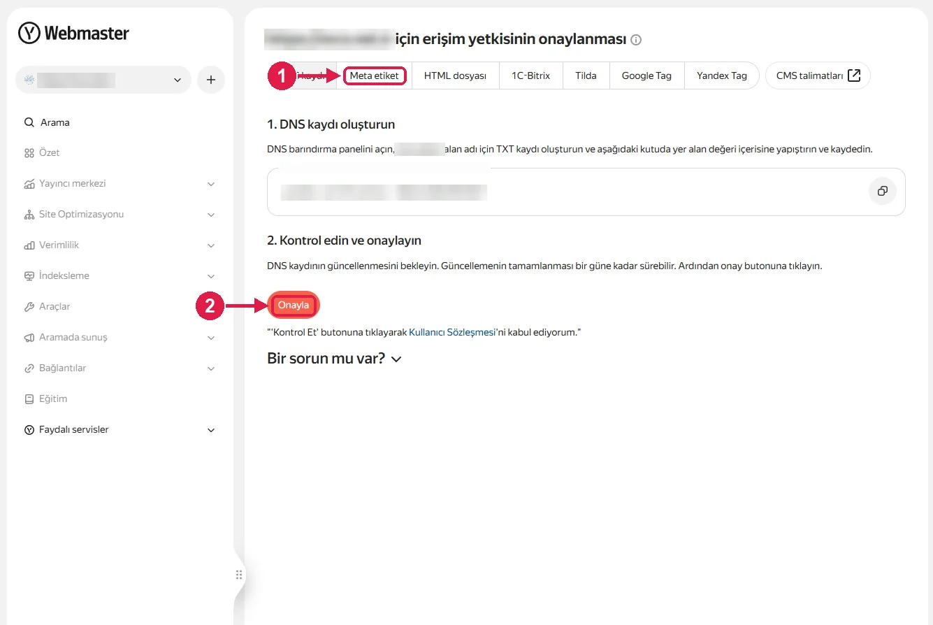 SRC Kursu için Yandex Webmaster kurulumu, adım 5 – Sahipliği doğrulayın