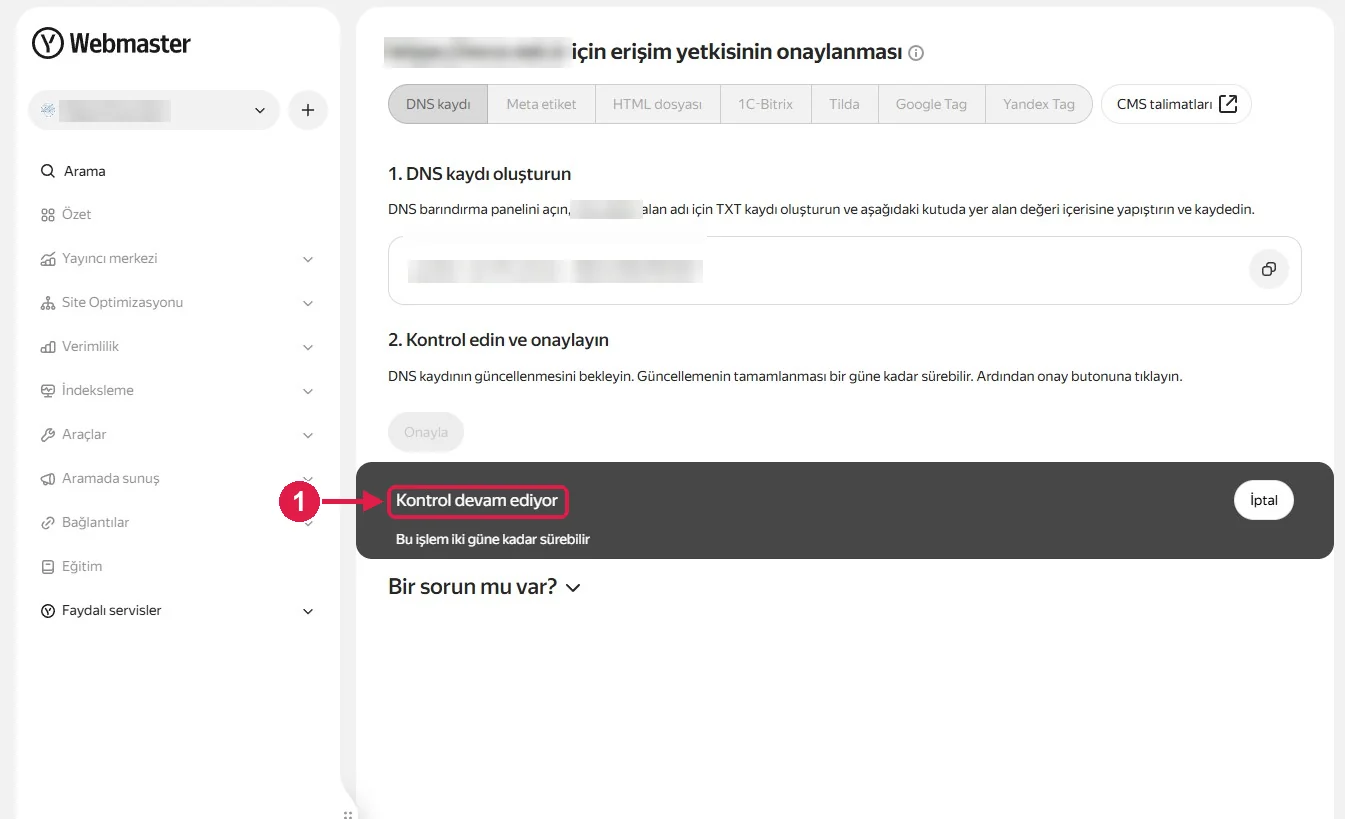 SRC Kursu için Yandex Webmaster kurulumu, adım 6 – Kontrolü bekleyin