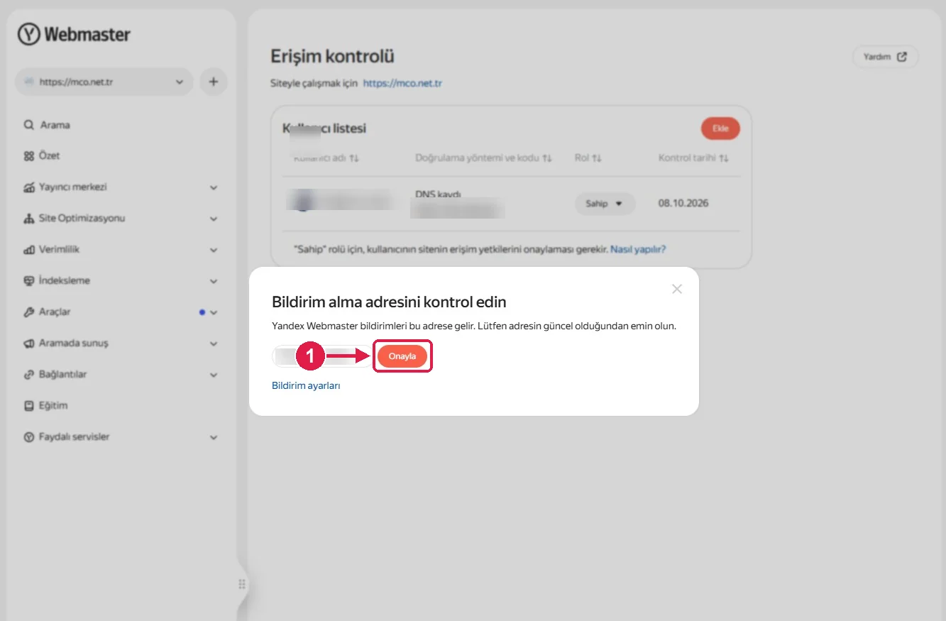 SRC Kursu için Yandex Webmaster kurulumu, adım 7 – Bildirim adresini onaylayın