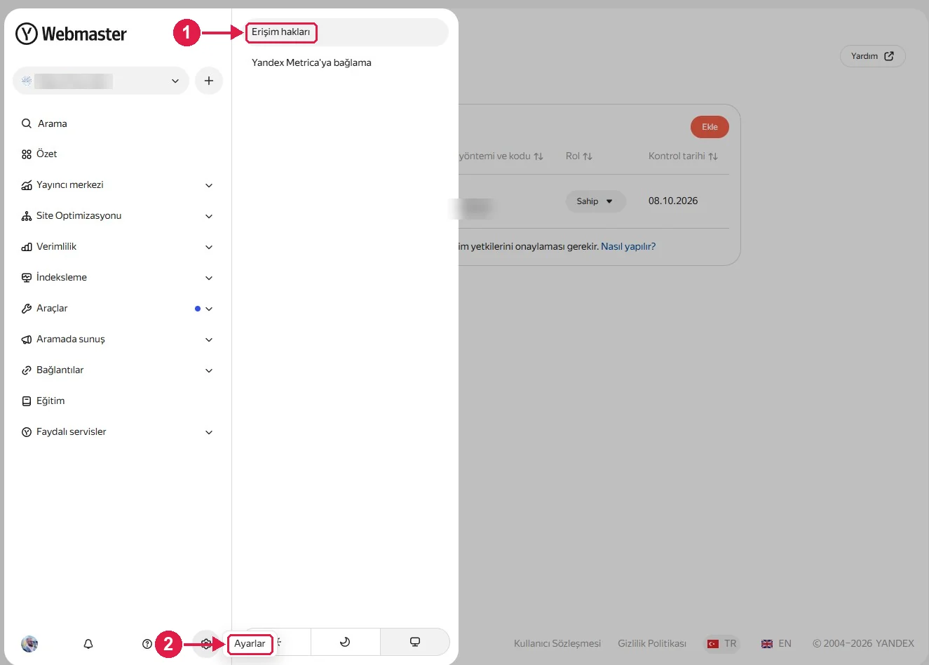 SRC Kursu için Yandex Webmaster kurulumu, adım 8 – Erişim haklarını açın